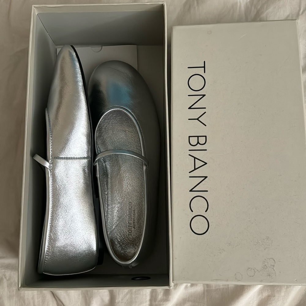 Tony Bianco Martinez silver shimmer flats